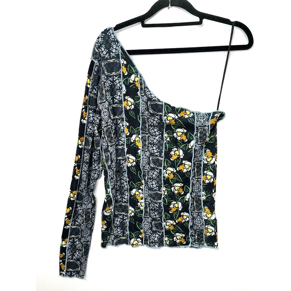 Free People Flower Fields One Shoulder Floral Pieced‎ Pattern Sz L Boho Hippie